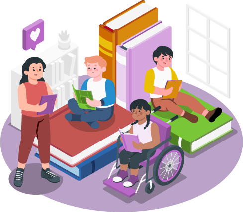ilustración de diferentes personas leyendo y aprendiendo sobre educación tributaria